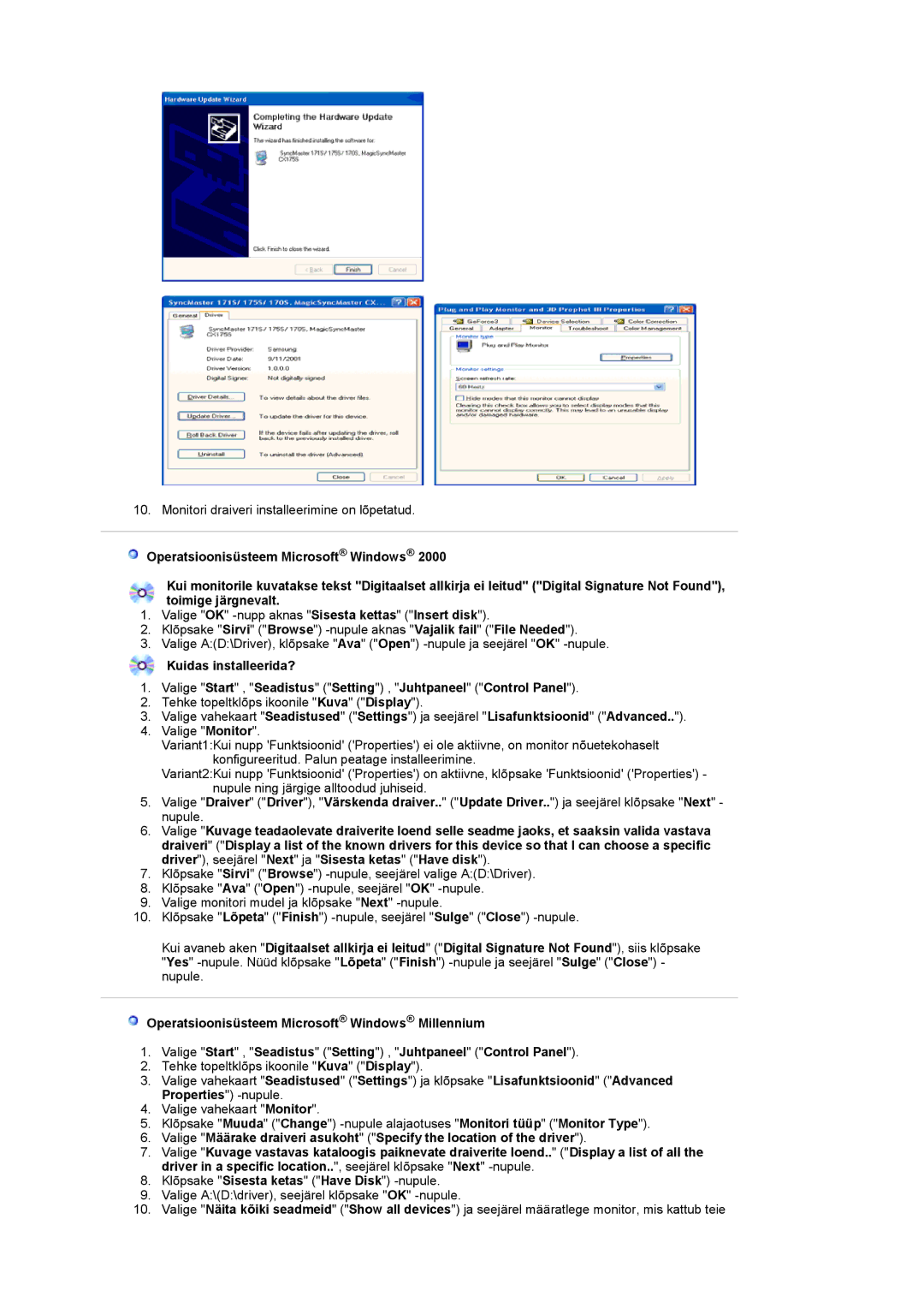 Samsung PO24FSSSS/EDC manual Monitori draiveri installeerimine on lõpetatud 