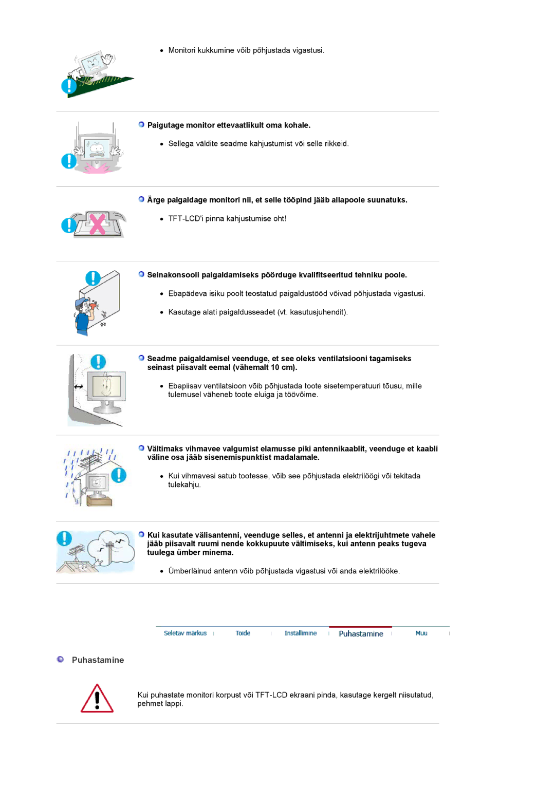 Samsung PO24FSSSS/EDC manual Puhastamine, Paigutage monitor ettevaatlikult oma kohale 