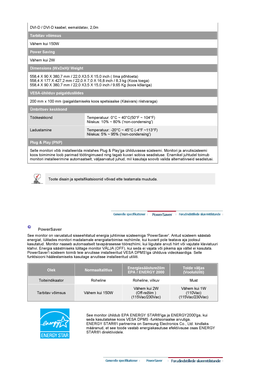 Samsung PO24FSSSS/EDC manual PowerSaver, Dimensions WxDxH/ Weight 