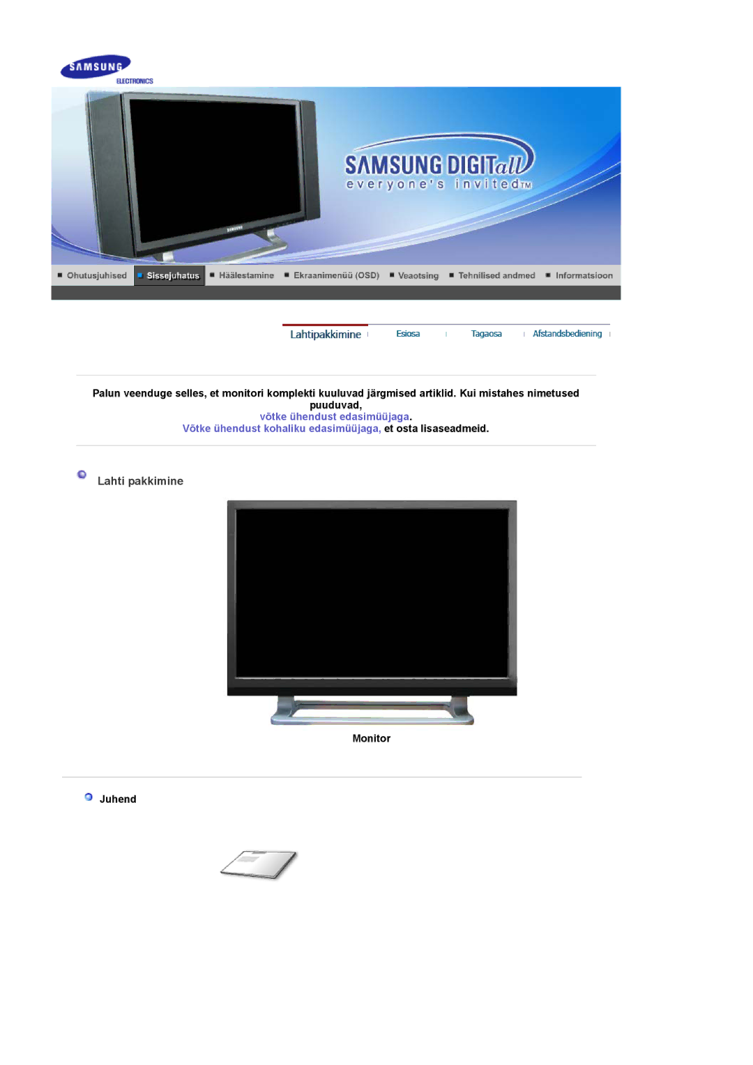 Samsung PO24FSSSS/EDC manual Lahti pakkimine, Monitor Juhend 