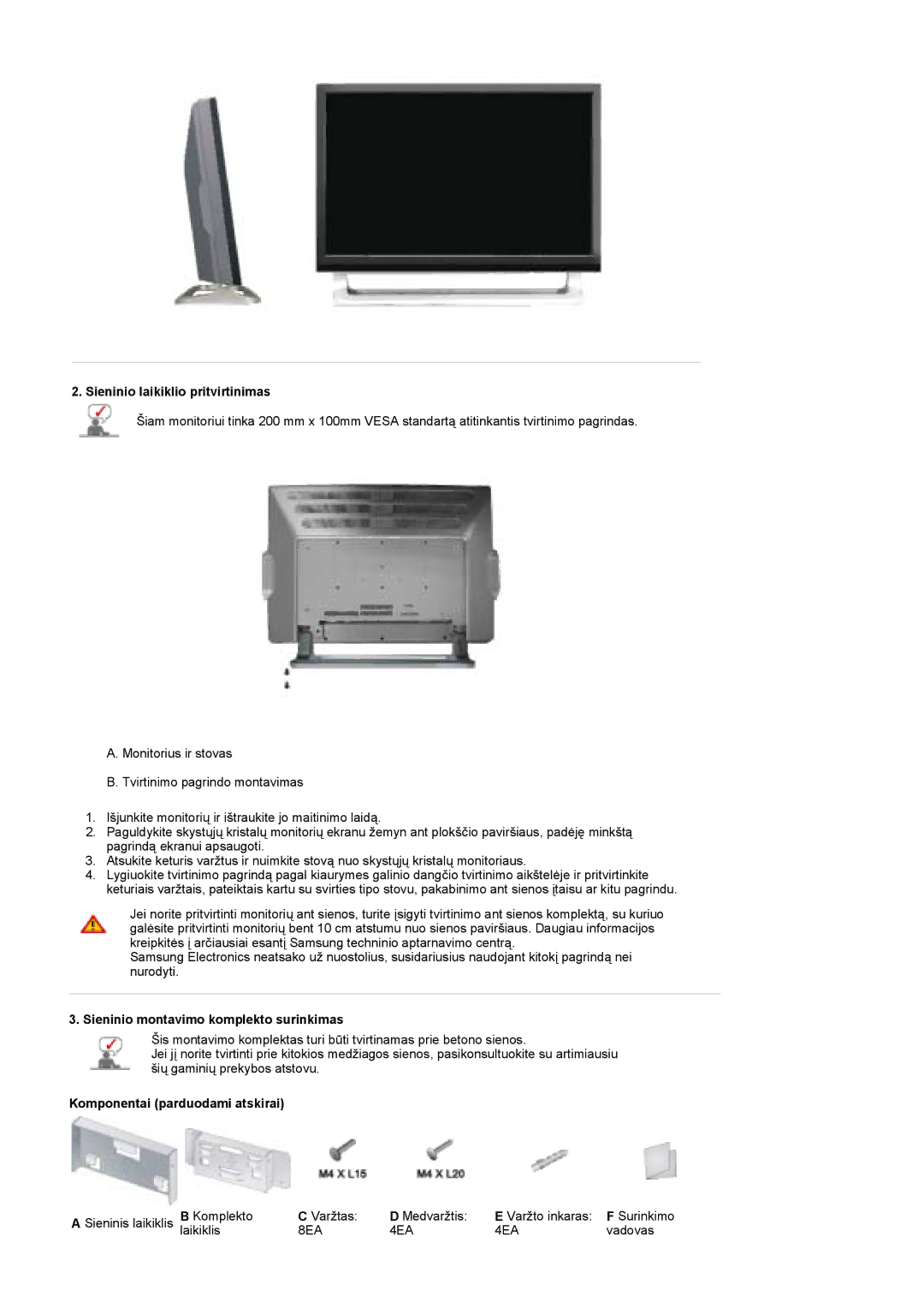 Samsung PO24FSSSS/EDC manual Sieninio laikiklio pritvirtinimas, Sieninio montavimo komplekto surinkimas 