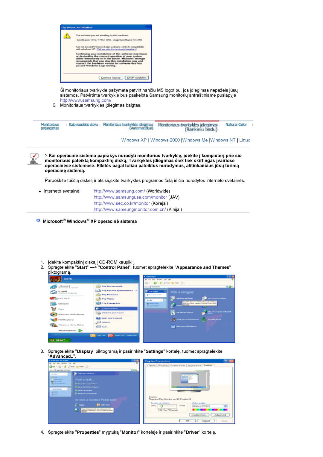 Samsung PO24FSSSS/EDC manual Microsoft Windows XP operacinė sistema 