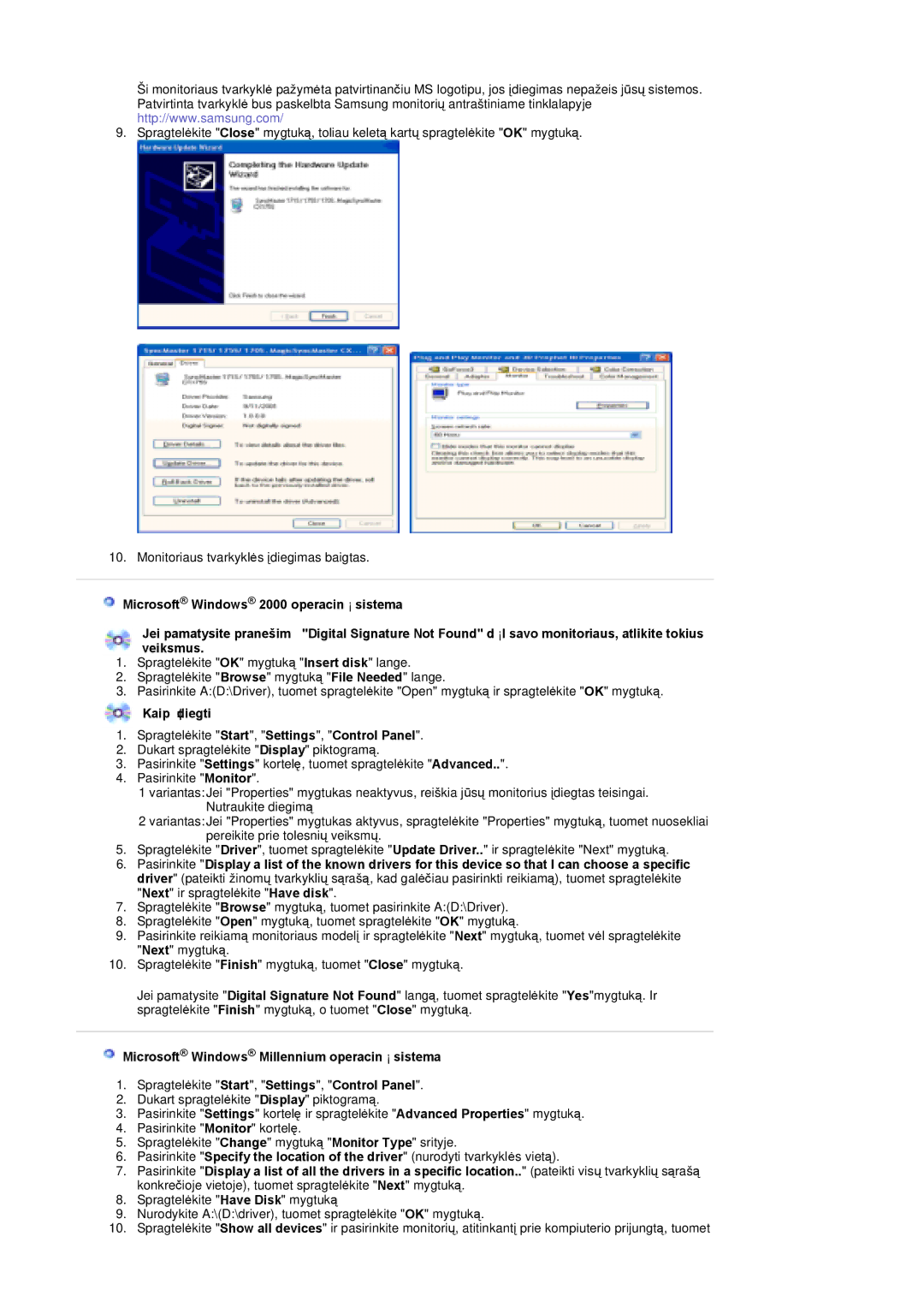 Samsung PO24FSSSS/EDC manual Kaip įdiegti Spragtelėkite Start, Settings, Control Panel 