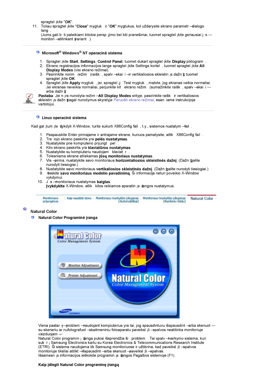 Samsung PO24FSSSS/EDC manual Natural Color, Microsoft Windows NT operacinė sistema, Linux operacinė sistema 