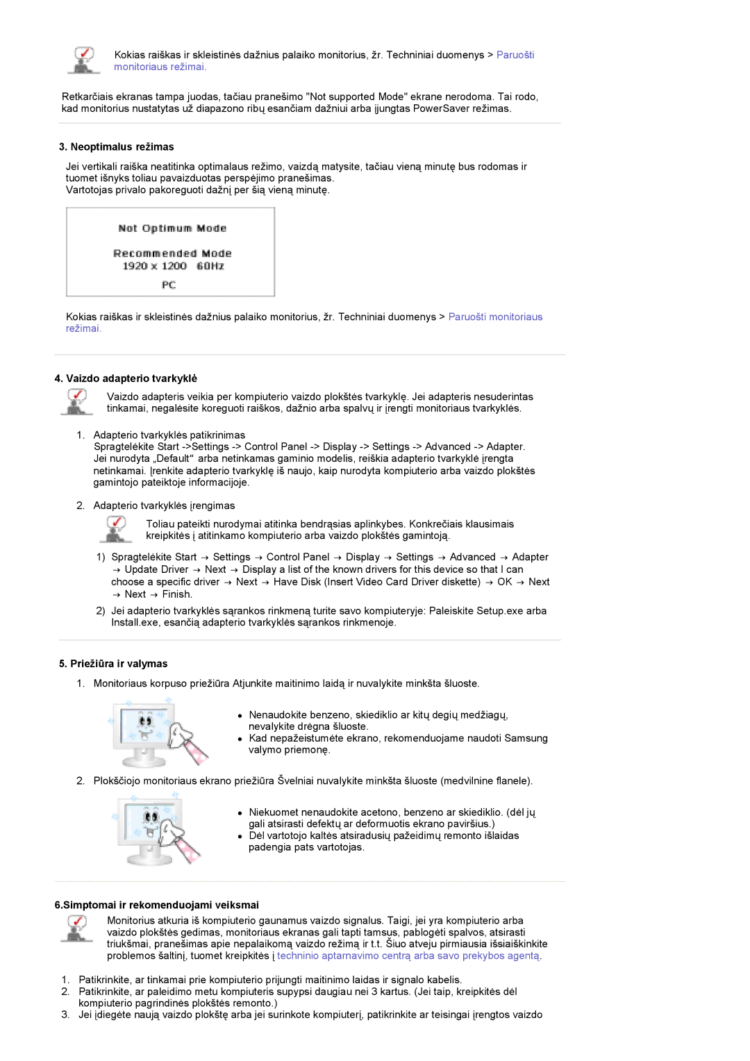 Samsung PO24FSSSS/EDC manual Neoptimalus režimas, Vaizdo adapterio tvarkyklė, Priežiūra ir valymas 