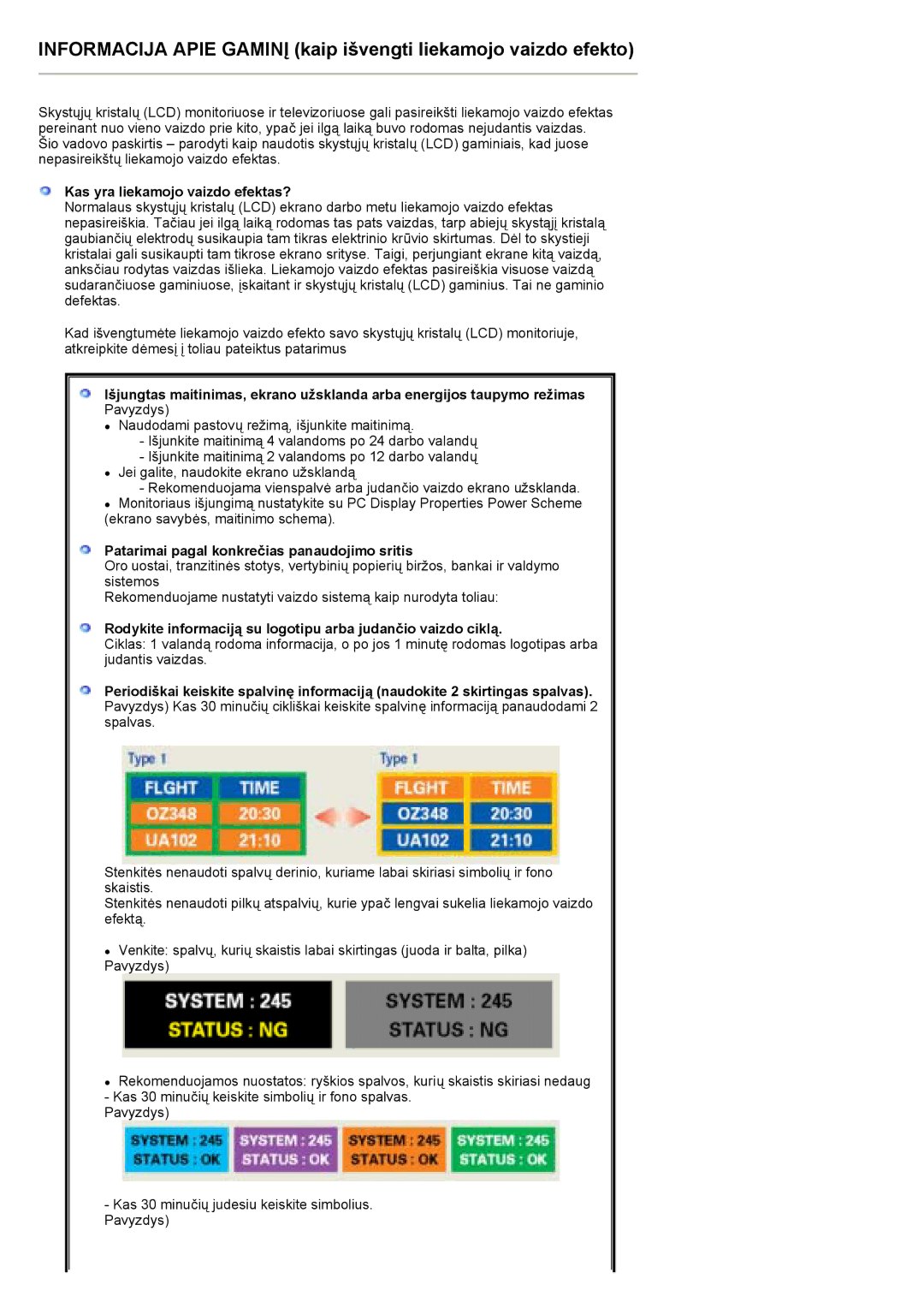 Samsung PO24FSSSS/EDC manual Kas yra liekamojo vaizdo efektas?, Patarimai pagal konkrečias panaudojimo sritis 