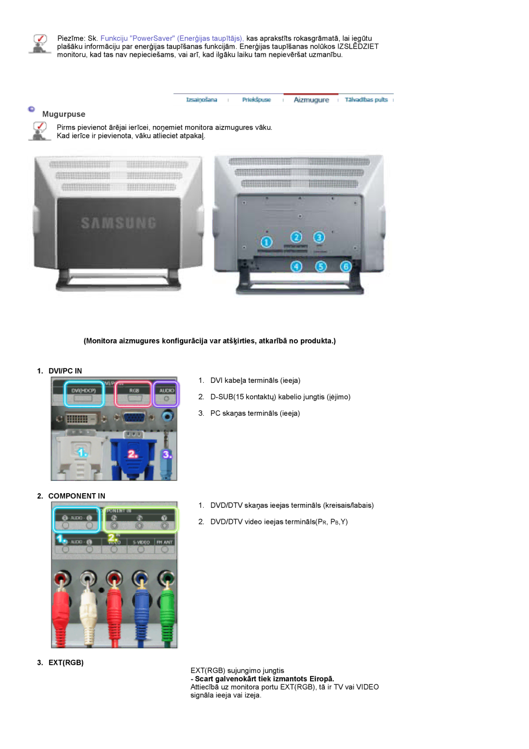 Samsung PO24FSSSS/EDC manual Mugurpuse, Dvi/Pc, Component, Extrgb, Scart galvenokārt tiek izmantots Eiropā 