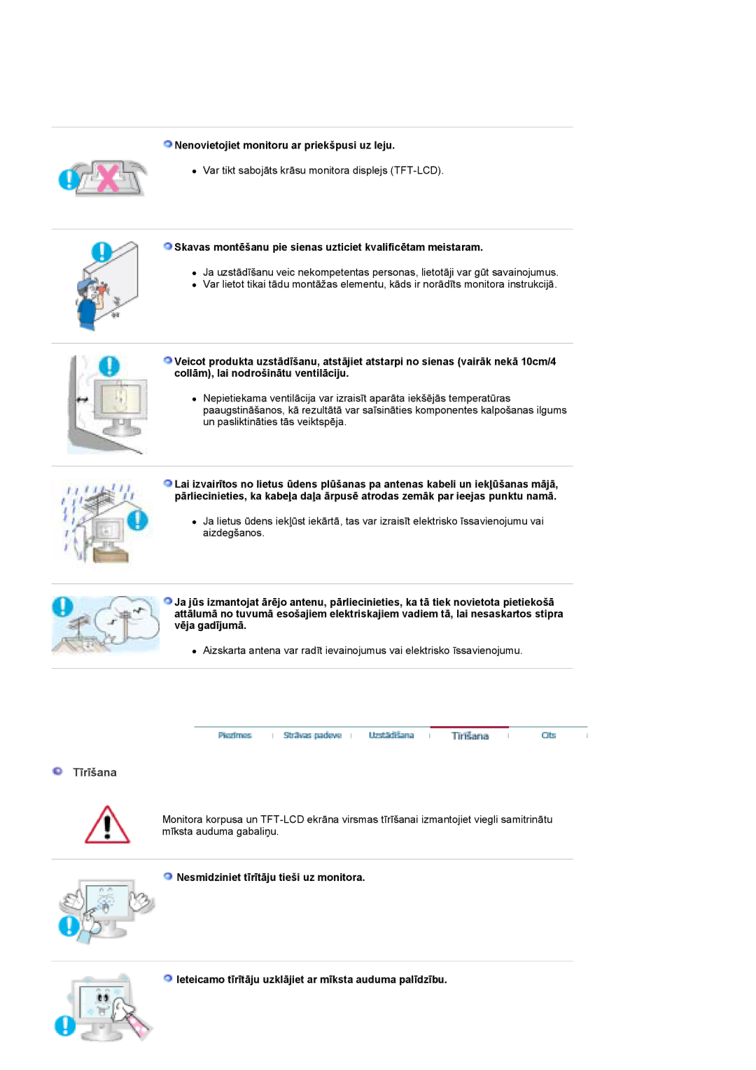 Samsung PO24FSSSS/EDC manual Tīrīšana, Nenovietojiet monitoru ar priekšpusi uz leju 