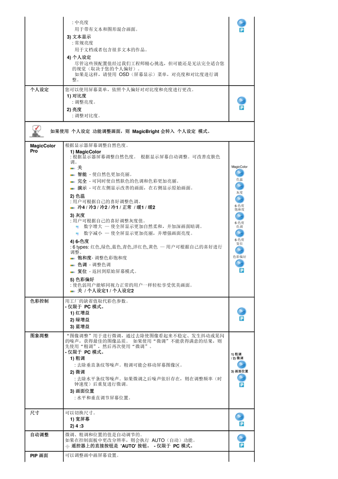 Samsung PO24FSSSS/EDC manual 文本显示, 对比度, 如果使用 个人设定 功能调整画面，则 MagicBright 会转入 个人设定 模式。, 色调 调整色调, 色彩偏好, 可以调整画中画屏幕设置。 