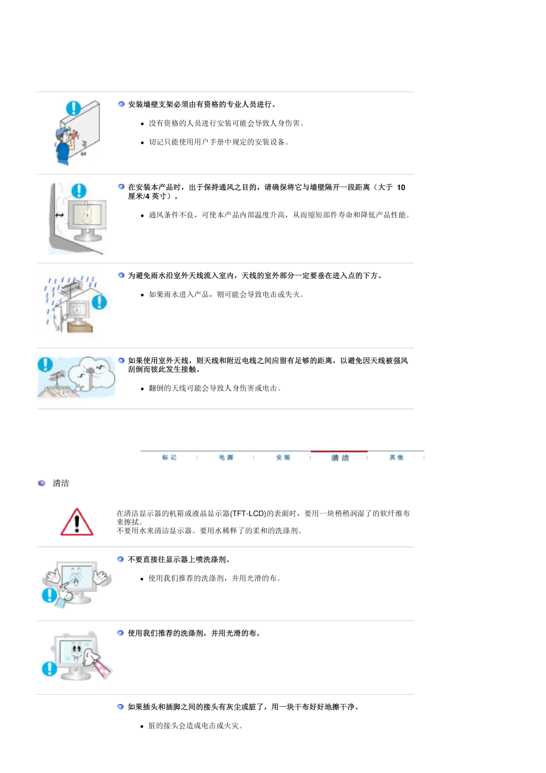 Samsung PO24FSSSS/EDC manual 安装墙壁支架必须由有资格的专业人员进行。, 为避免雨水沿室外天线流入室内，天线的室外部分一定要垂在进入点的下方。, 不要直接往显示器上喷洗涤剂。 