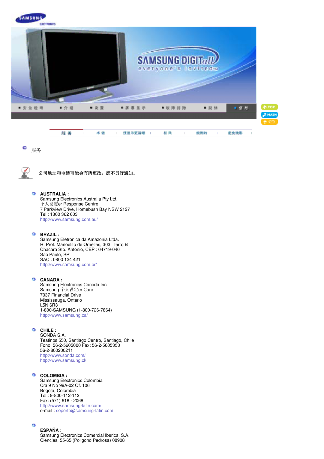 Samsung PO24FSSSS/EDC manual 公司地址和电话可能会有所更改，恕不另行通知。, Australia Brazil 