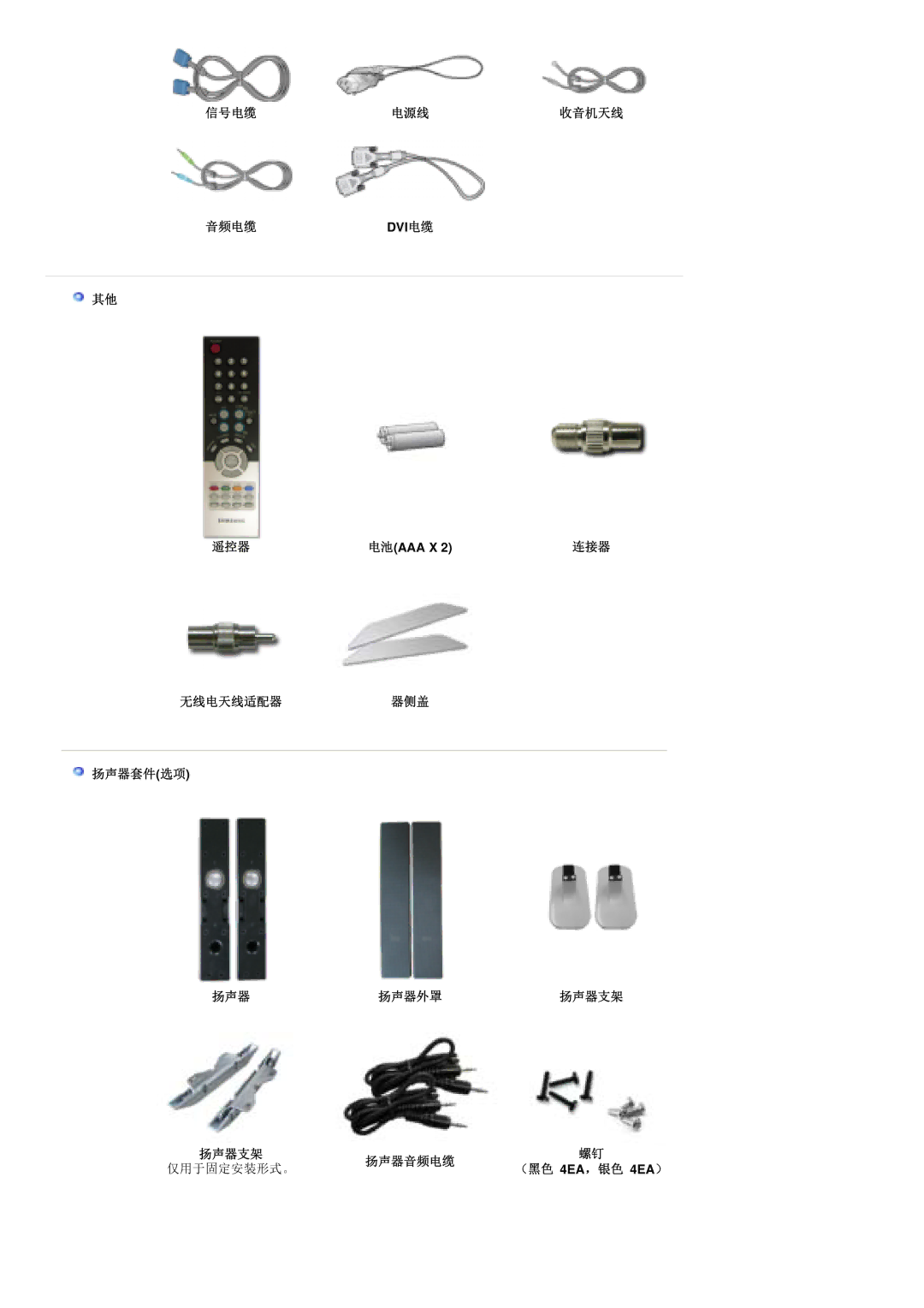 Samsung PO24FSSSS/EDC manual 信号电缆, 遥控器, 无线电天线适配器 器侧盖 扬声器套件选项 扬声器扬声器外罩 扬声器支架, 扬声器音频电缆 仅用于固定安装形式。 