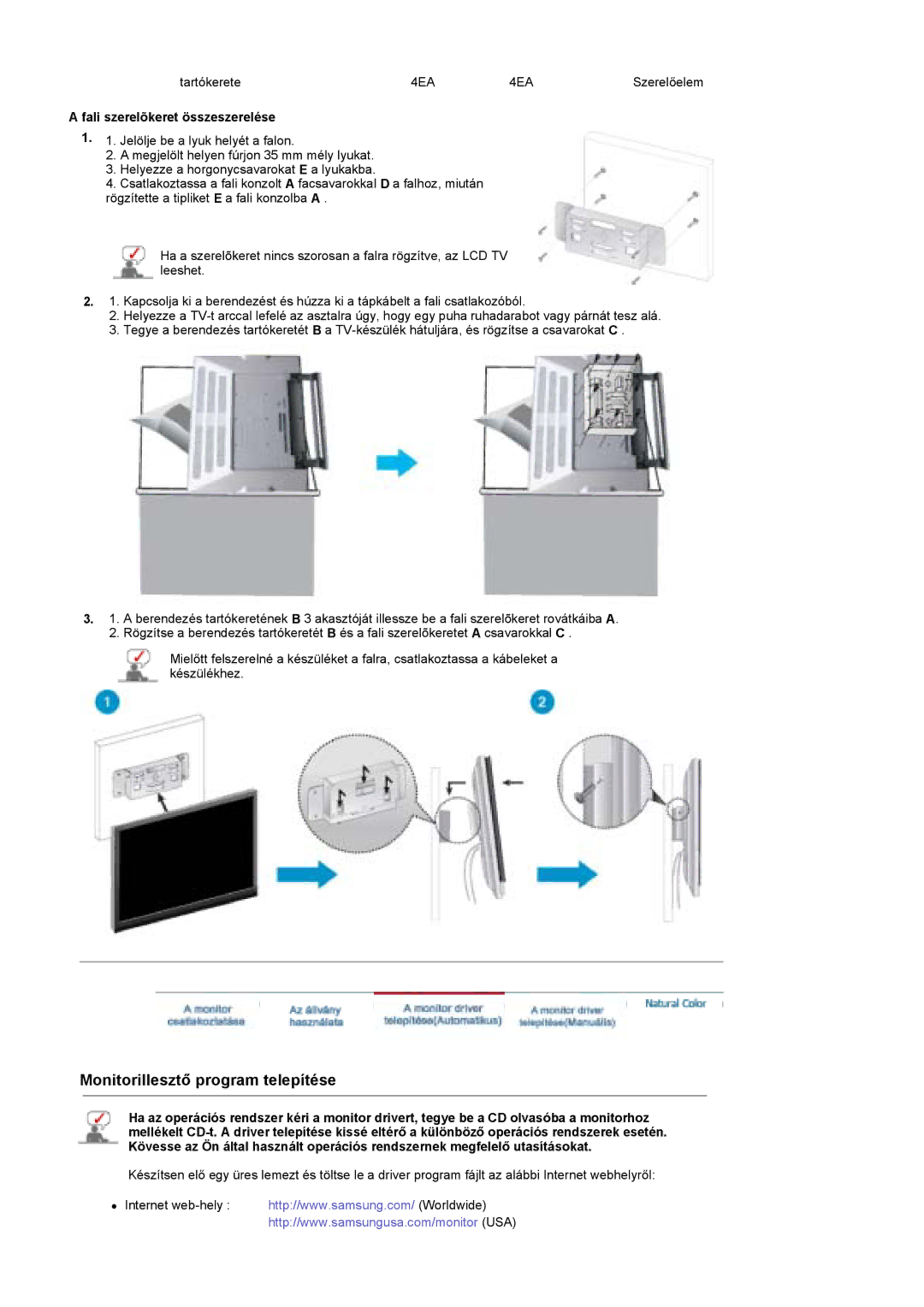 Samsung PO24FSSSS/EDC manual Monitorillesztő program telepítése, Fali szerelõkeret összeszerelése 