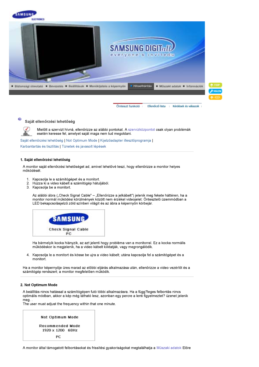 Samsung PO24FSSSS/EDC manual Saját ellenőrzési lehetőség, Not Optimum Mode 