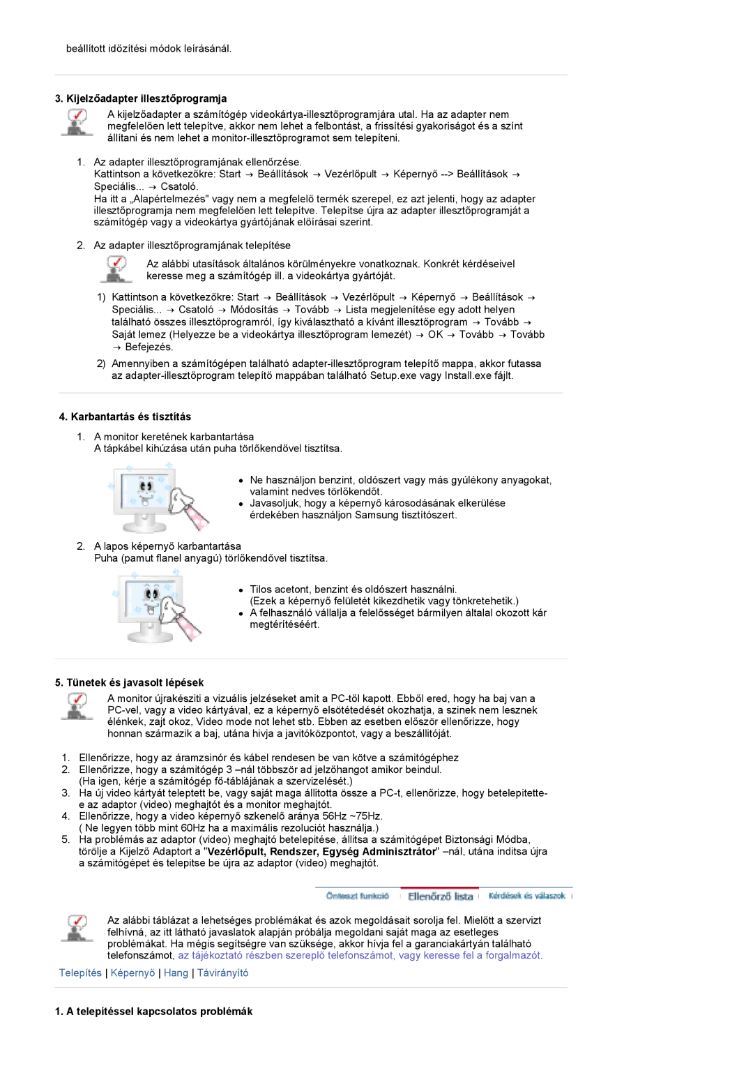 Samsung PO24FSSSS/EDC manual Kijelzőadapter illesztőprogramja, Karbantartás és tisztítás, Tünetek és javasolt lépések 