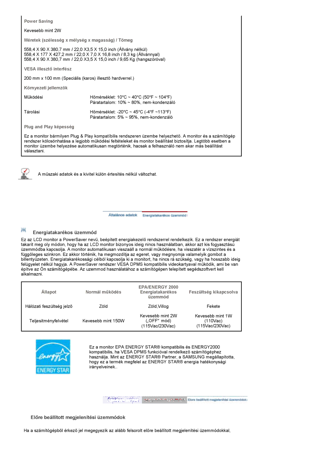 Samsung PO24FSSSS/EDC manual Energiatakarékos üzemmód, Előre beállított megjelenítési üzemmódok 