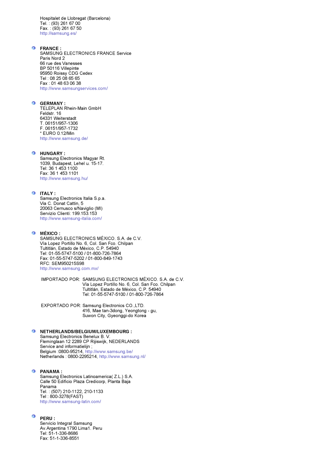 Samsung PO24FSSSS/EDC manual France, Germany, Hungary, Italy, México, Netherlands/Belgium/Luxembourg, Panama, Peru 