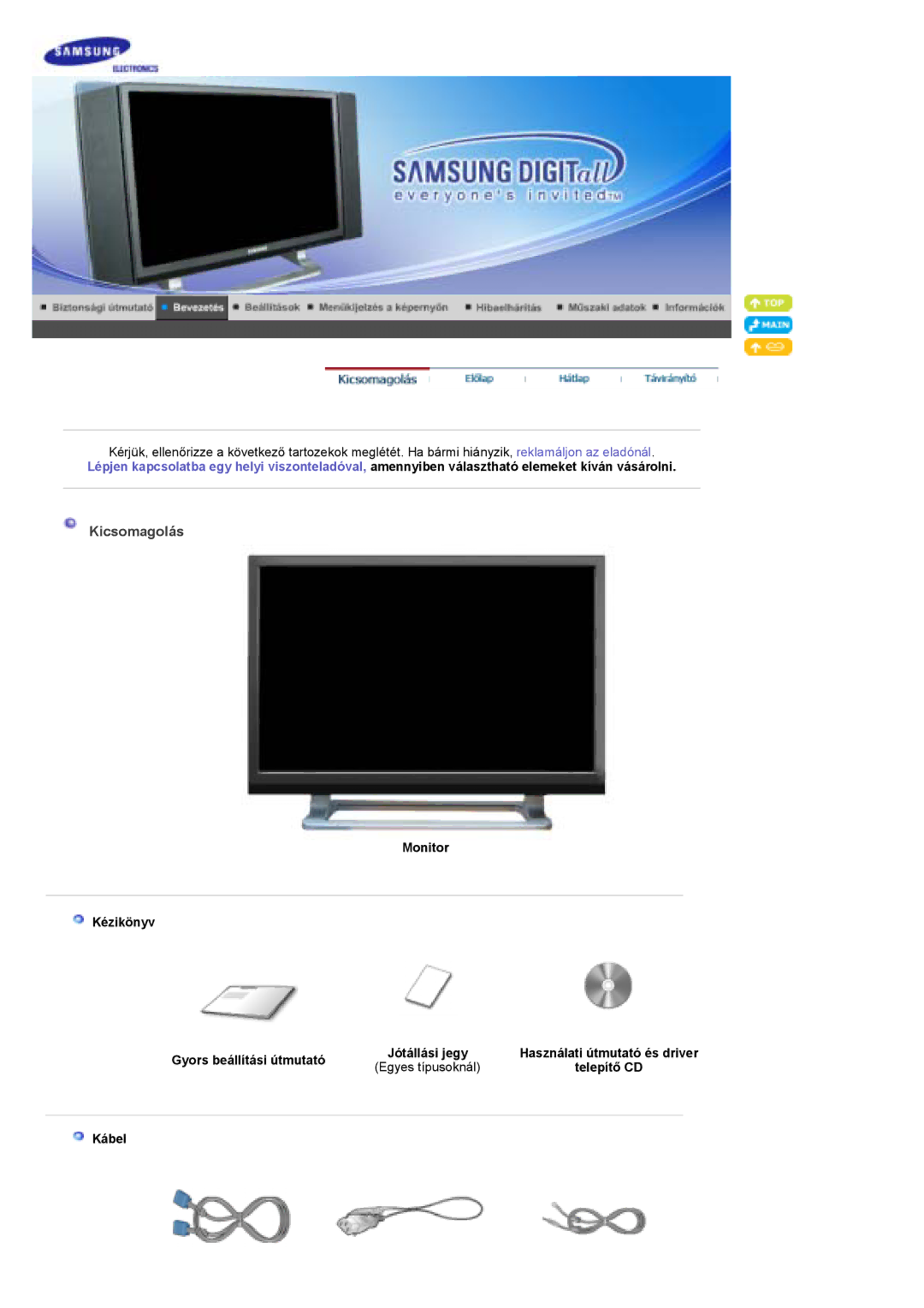 Samsung PO24FSSSS/EDC manual Kicsomagolás, Monitor Kézikönyv Gyors beállítási útmutató, Egyes típusoknál, Kábel 