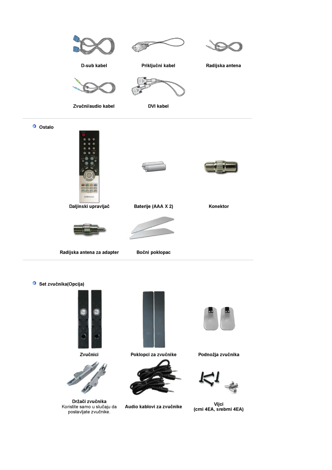 Samsung PO24FSSSS/EDC Sub kabel Priključni kabel, Zvučni/audio kabel, Ostalo Daljinski upravljač Baterije AAA X, Vijci 