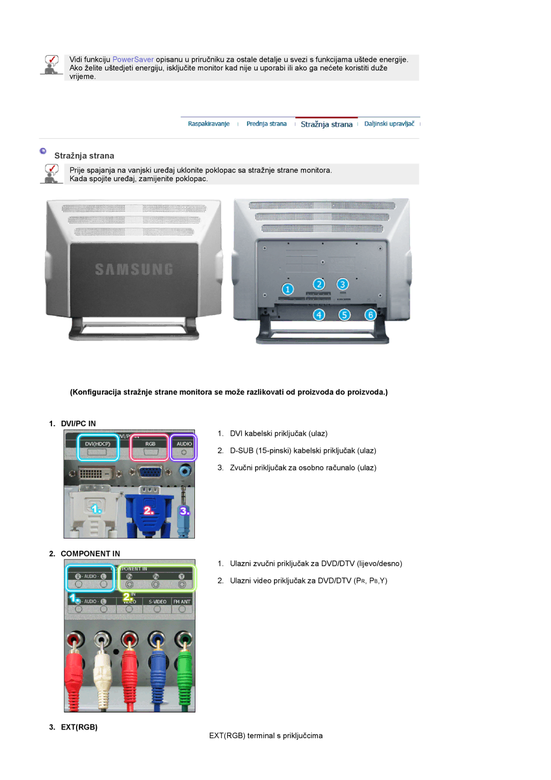 Samsung PO24FSSSS/EDC manual Stražnja strana, Dvi/Pc, Component, Extrgb 