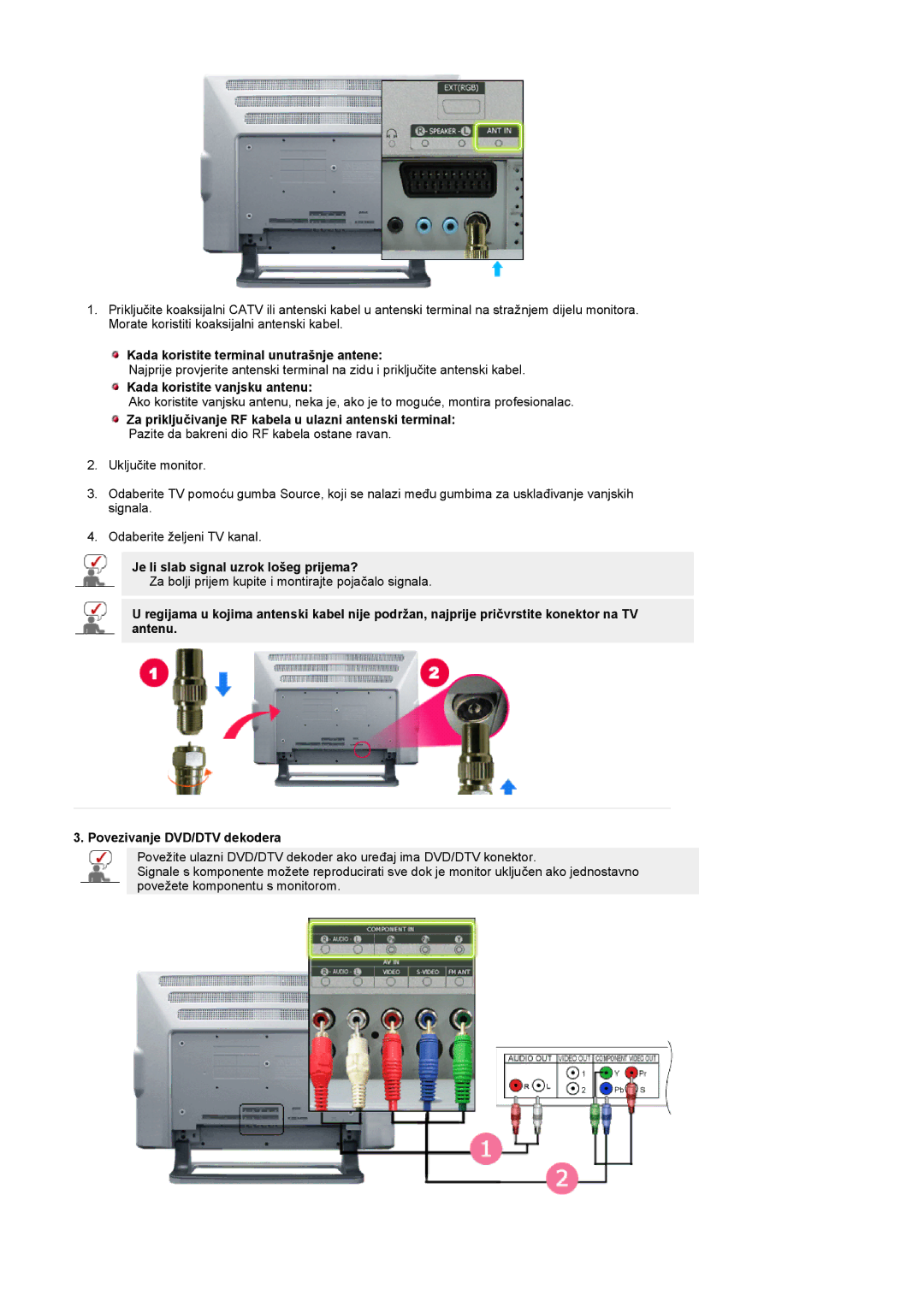 Samsung PO24FSSSS/EDC manual Kada koristite terminal unutrašnje antene, Kada koristite vanjsku antenu 