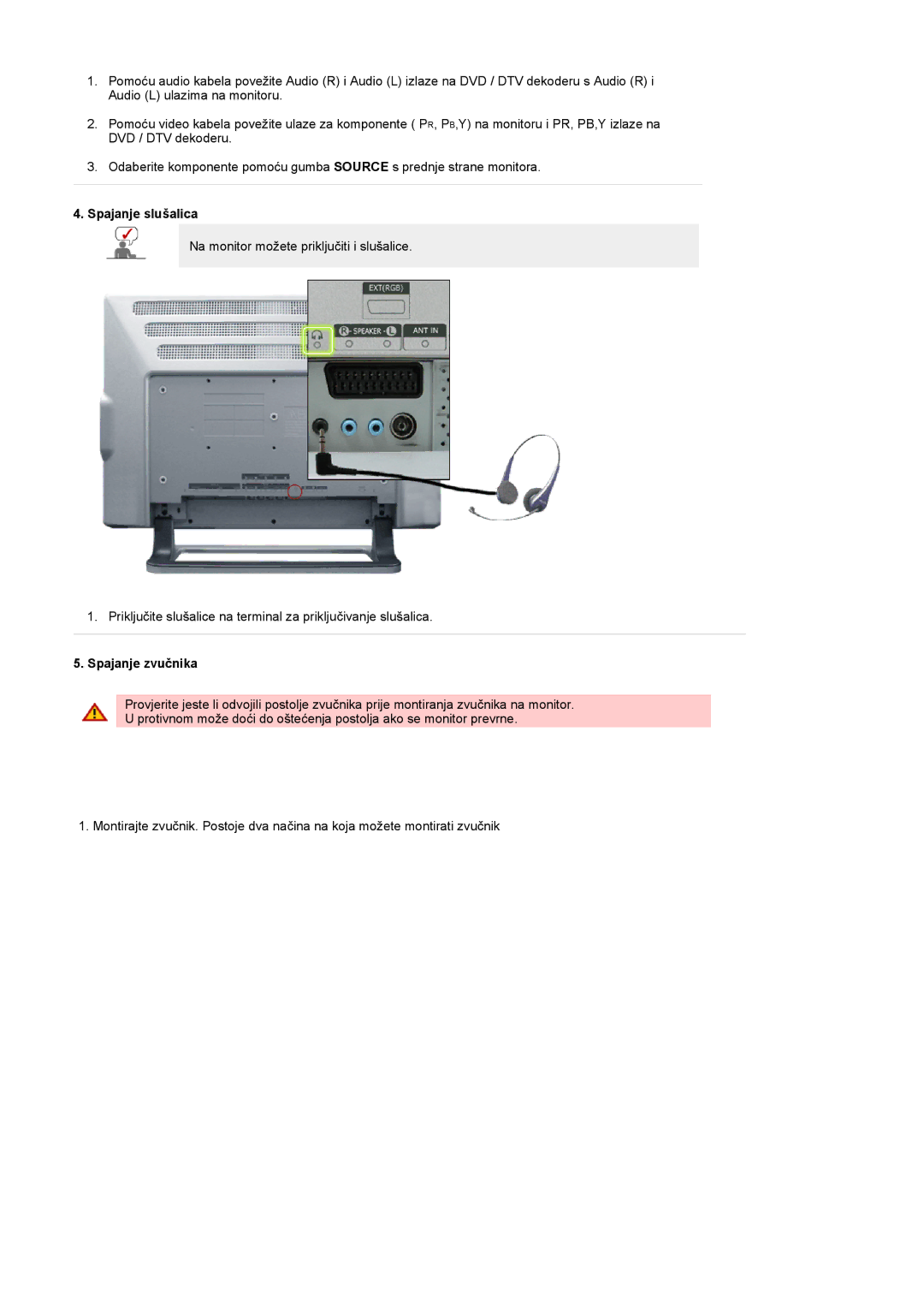 Samsung PO24FSSSS/EDC manual Spajanje slušalica, Spajanje zvučnika 