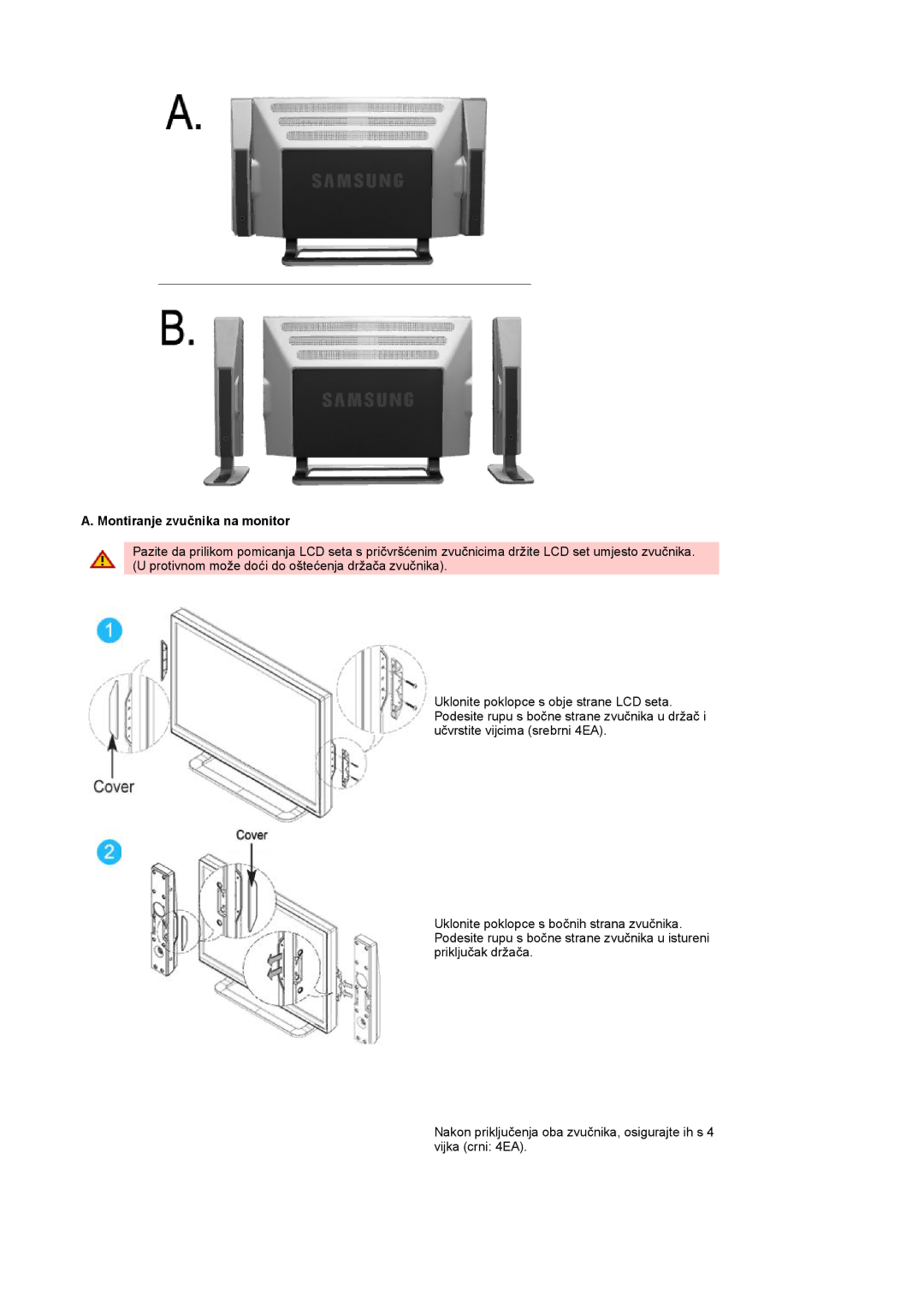 Samsung PO24FSSSS/EDC manual Montiranje zvučnika na monitor 