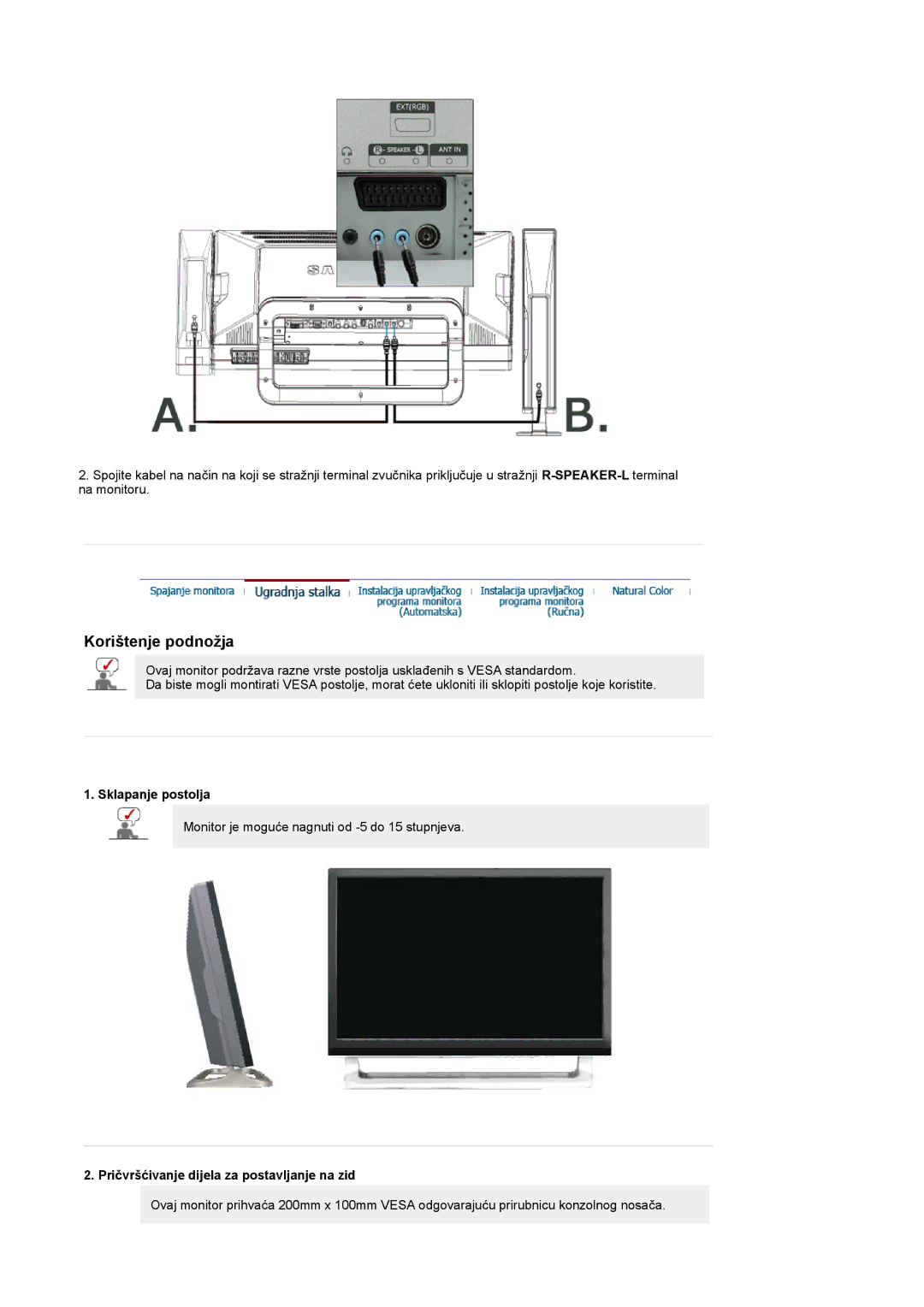 Samsung PO24FSSSS/EDC manual Sklapanje postolja, Pričvršćivanje dijela za postavljanje na zid 