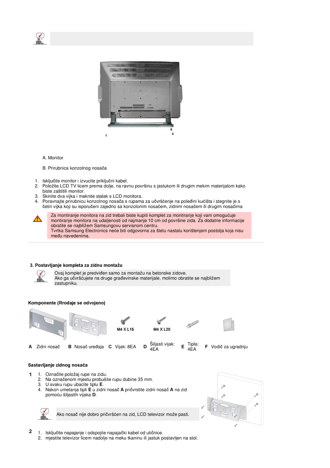 Samsung PO24FSSSS/EDC Postavljanje kompleta za zidnu montažu, Komponente Rrodaje se odvojeno, Sastavljanje zidnog nosača 