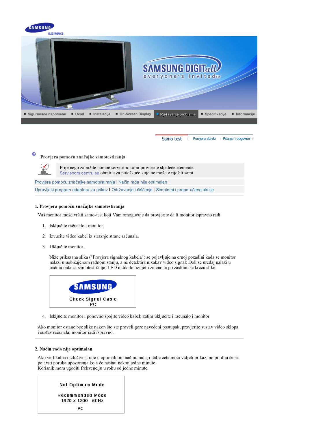 Samsung PO24FSSSS/EDC manual Provjera pomoću značajke samotestiranja 