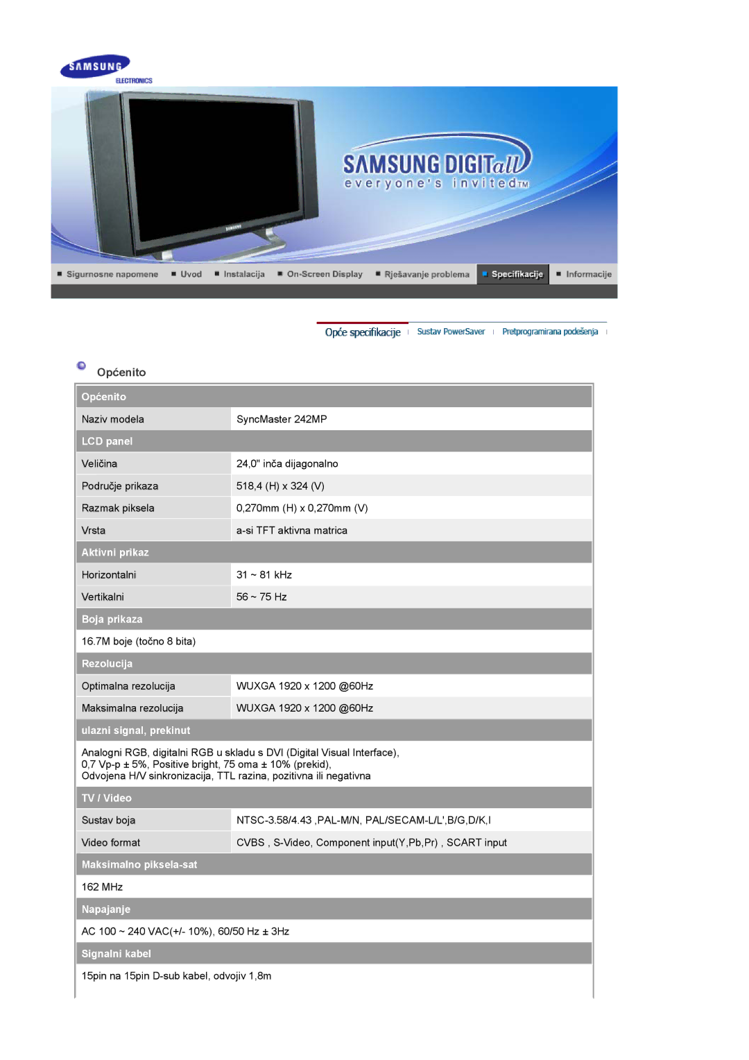 Samsung PO24FSSSS/EDC manual Općenito, LCD panel 