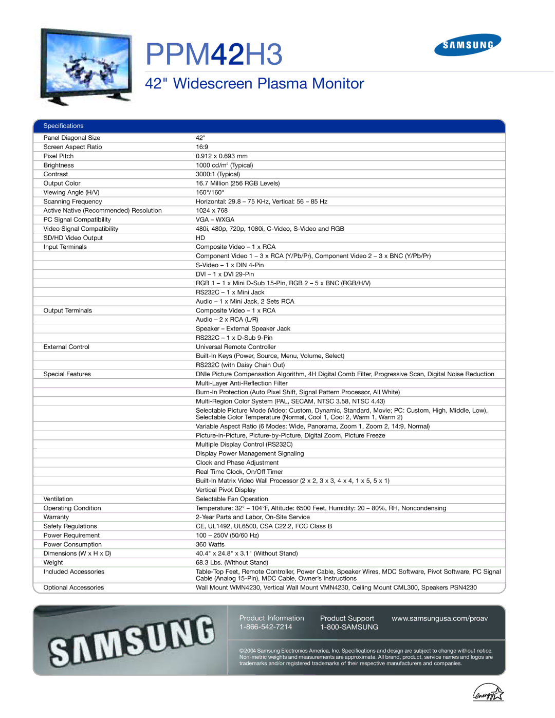 Samsung PPM 42H3 PPM42H3, Widescreen Plasma Monitor, Product Information Product Support Samsung, Specifications, VGA Wxga 