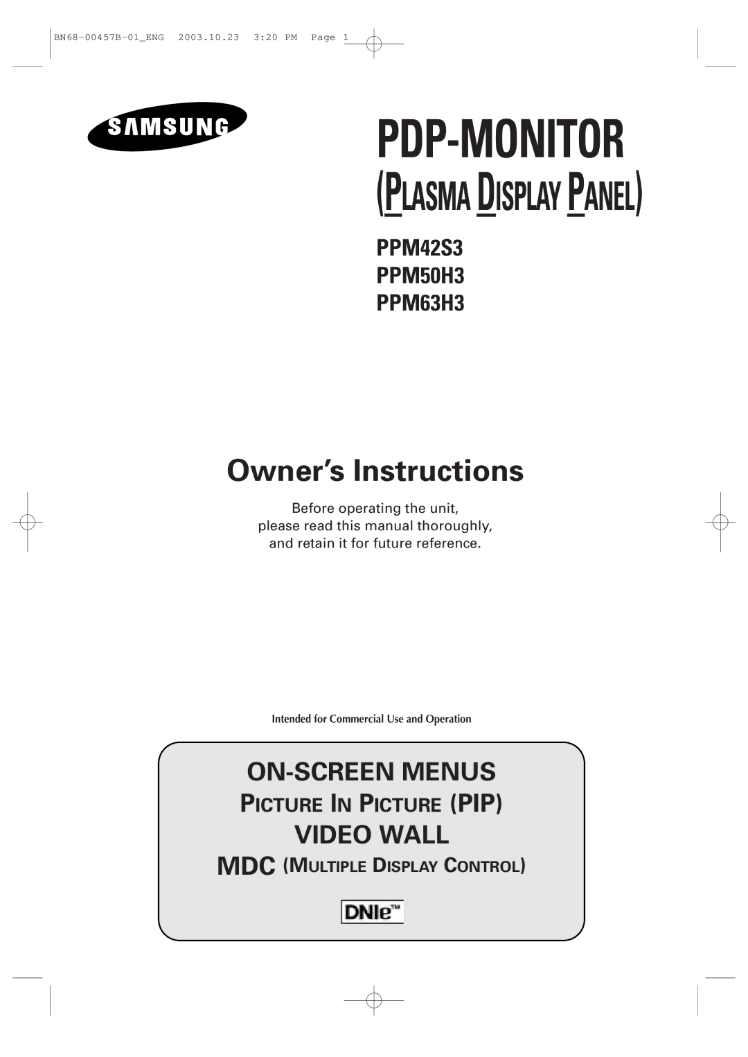 Samsung PPM 42S3 manual Pdp-Monitor 