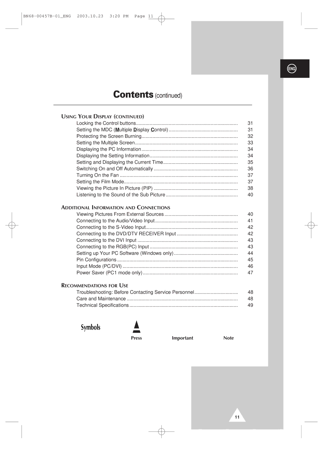 Samsung PPM 42S3 manual Symbols, Contents 