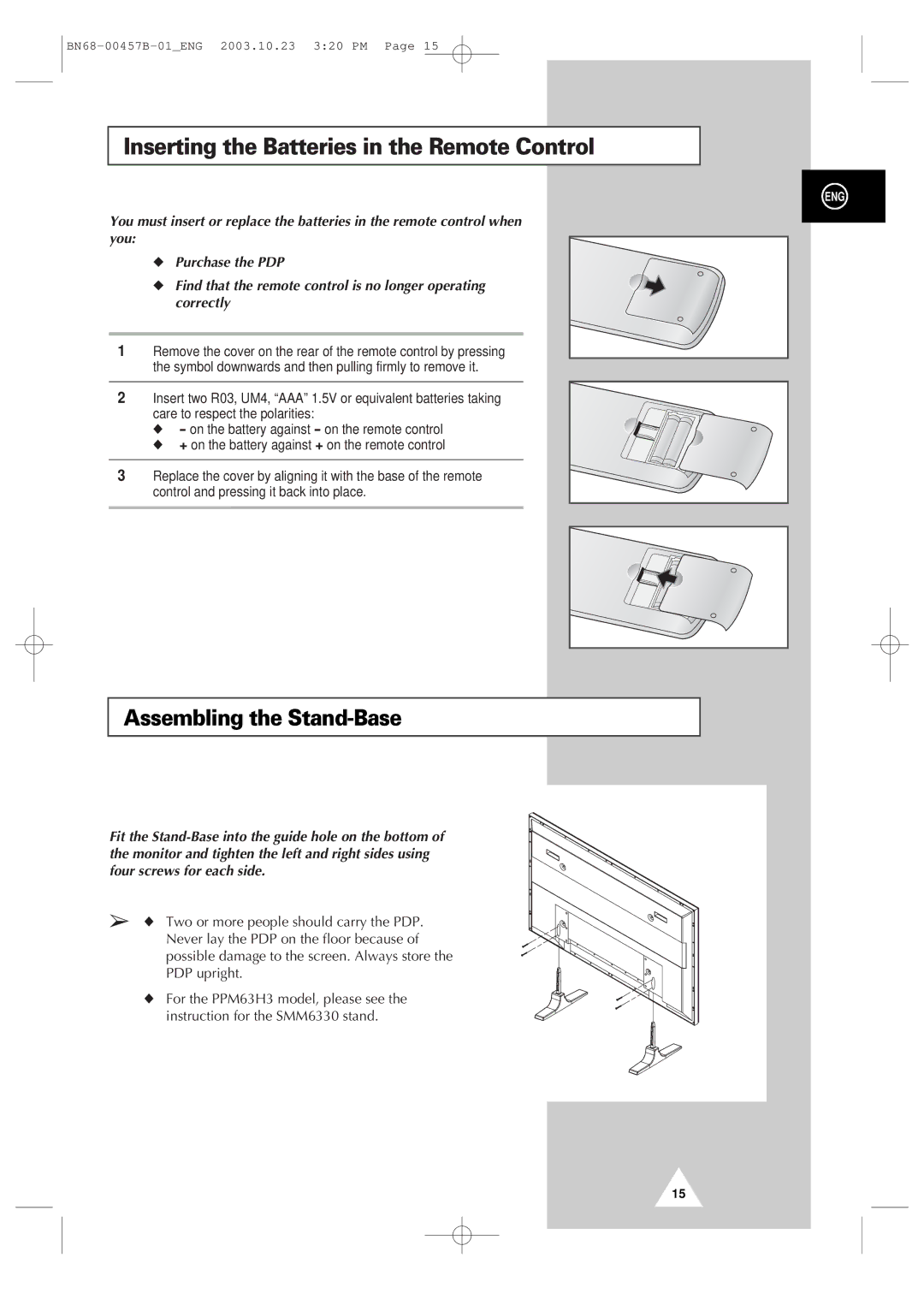 Samsung PPM 42S3 manual Inserting the Batteries in the Remote Control, Assembling the Stand-Base 