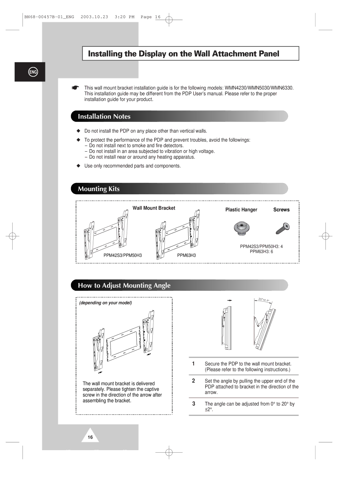 Samsung PPM 42S3 manual Installing the Display on the Wall Attachment Panel, Installation Notes 