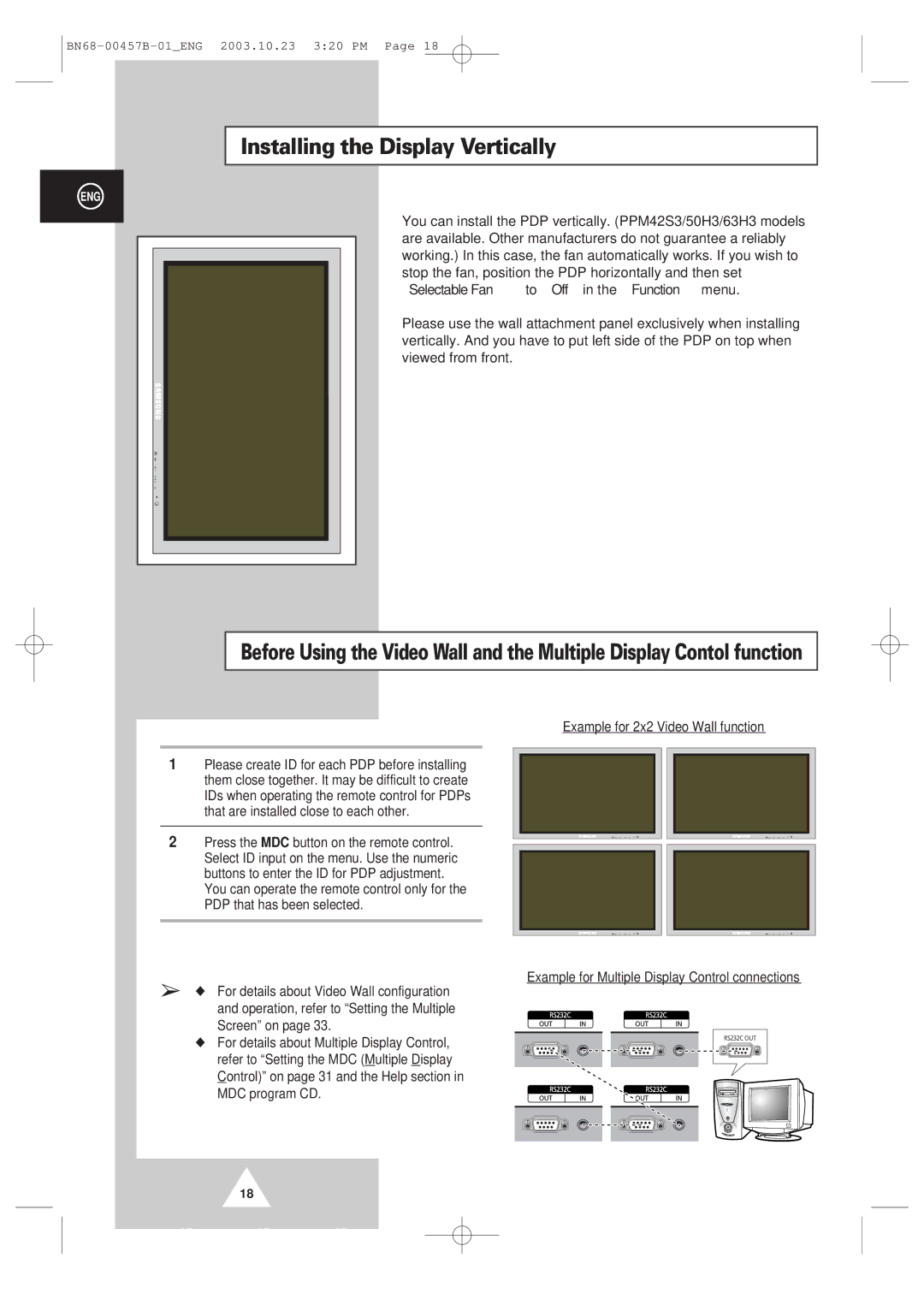 Samsung PPM 42S3 manual Installing the Display Vertically, Example for 2x2 Video Wall function 