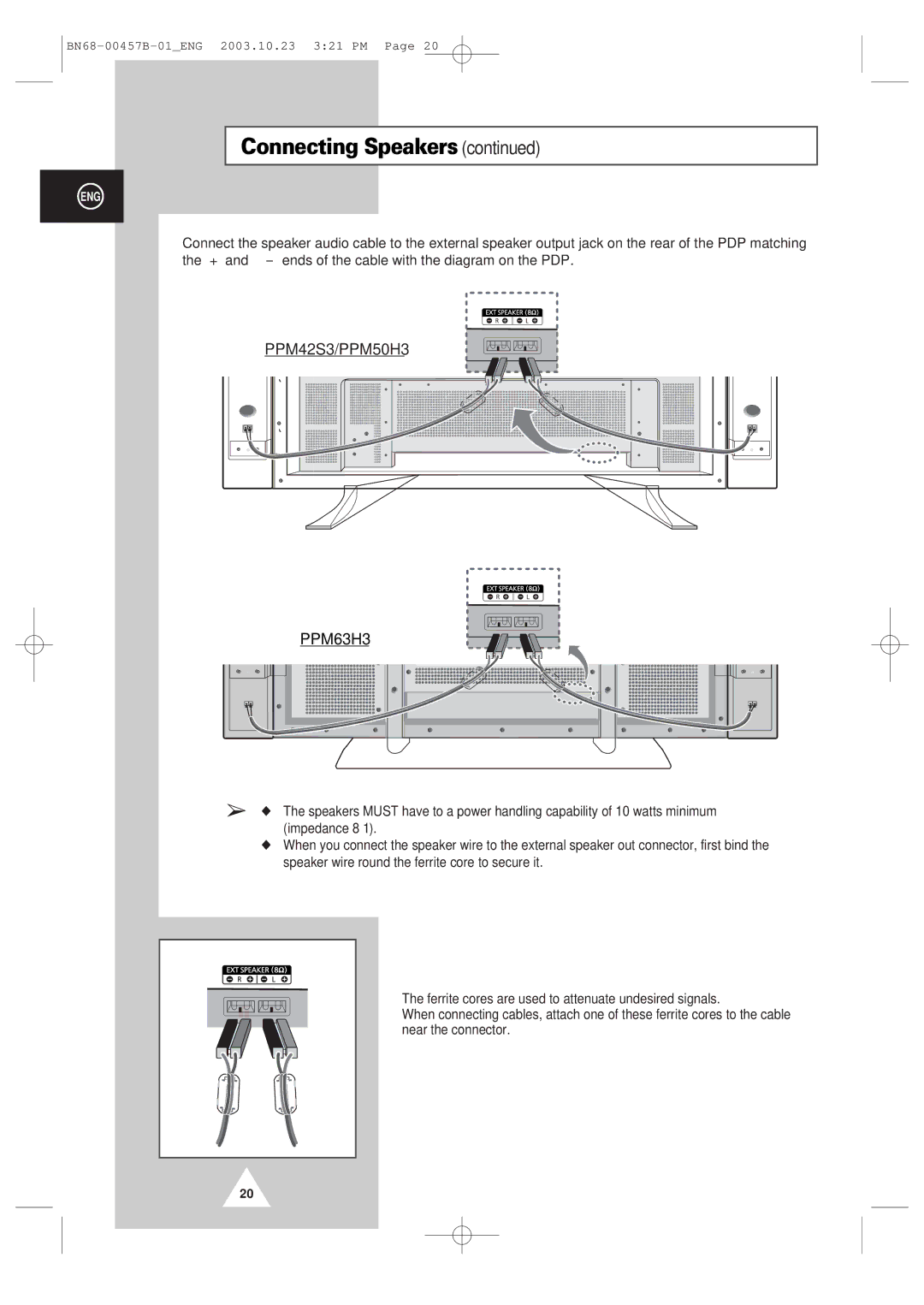 Samsung PPM 42S3 manual Connecting Speakers 