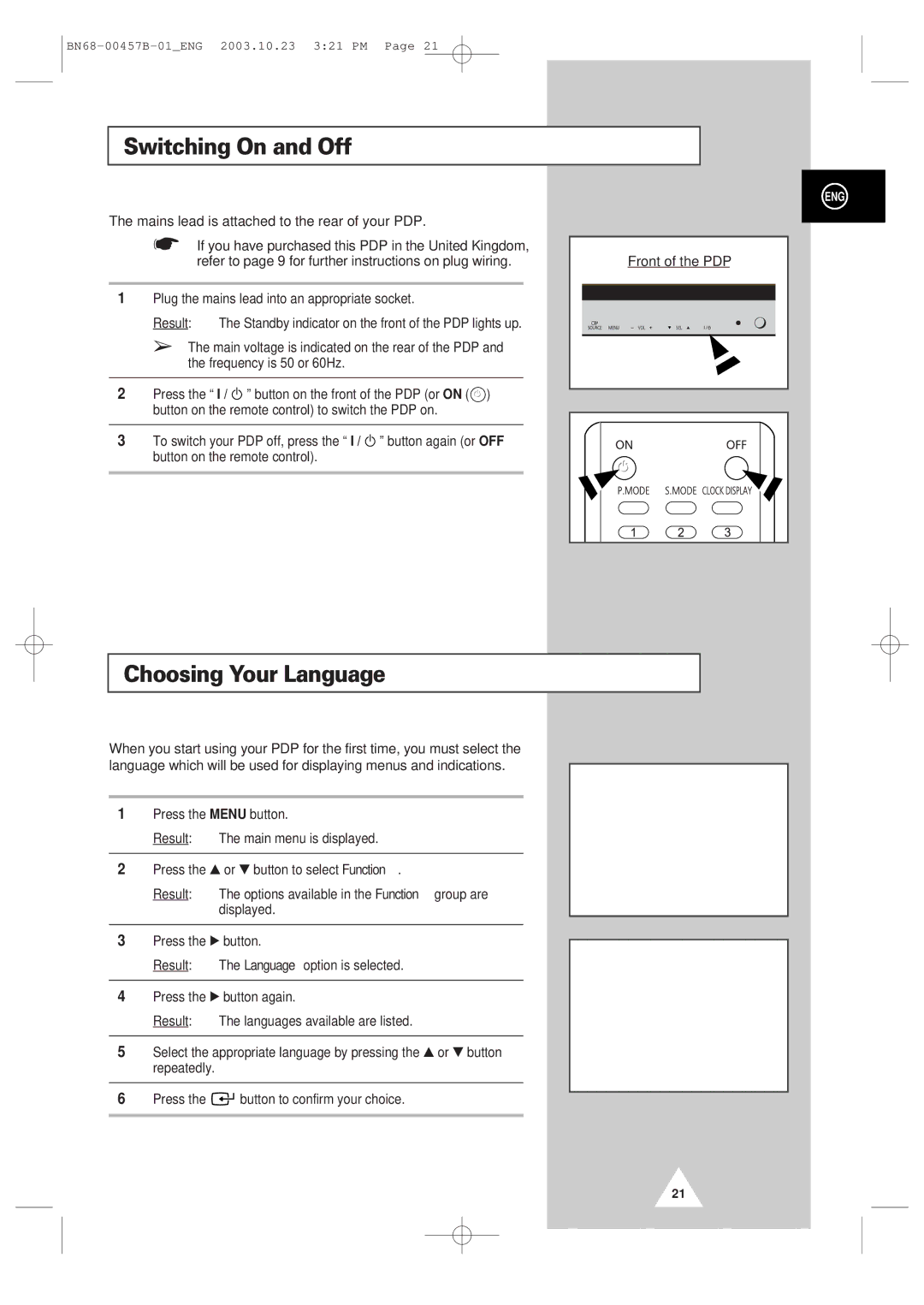 Samsung PPM 42S3 manual Switching On and Off, Choosing Your Language, Mains lead is attached to the rear of your PDP 