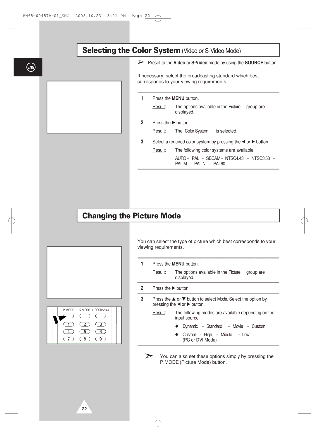 Samsung PPM 42S3 manual Selecting the Color System Video or S-Video Mode, Changing the Picture Mode 