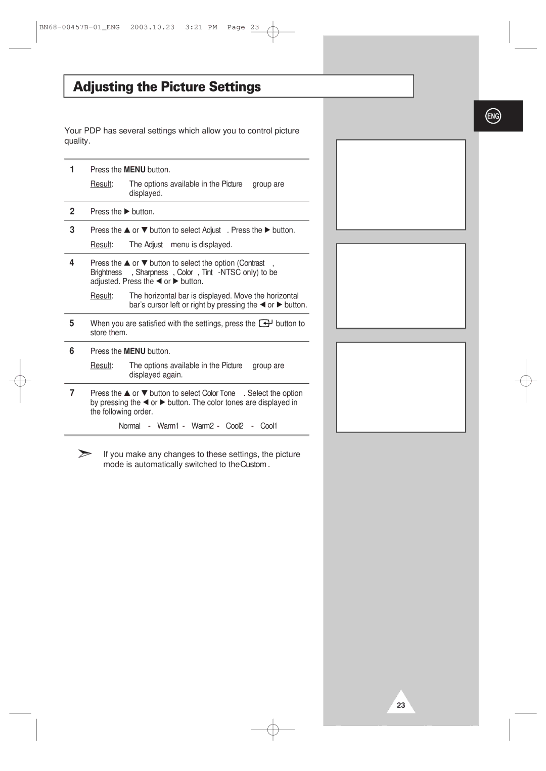 Samsung PPM 42S3 manual Adjusting the Picture Settings, Normal Warm1 Warm2 Cool2 Cool1 