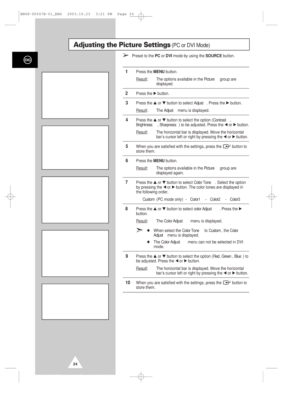 Samsung PPM 42S3 manual Adjusting the Picture Settings PC or DVI Mode 