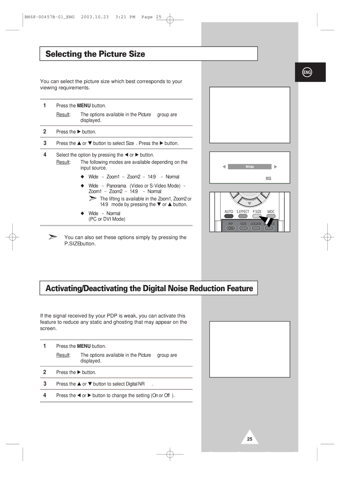 Samsung PPM 42S3 manual Selecting the Picture Size, Activating/Deactivating the Digital Noise Reduction Feature 