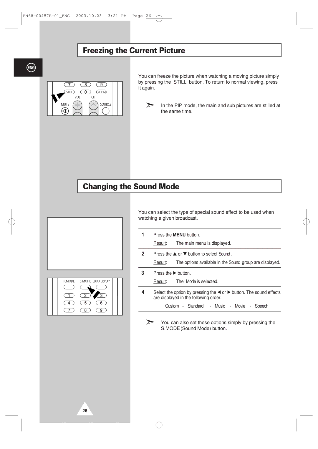 Samsung PPM 42S3 manual Freezing the Current Picture, Changing the Sound Mode 