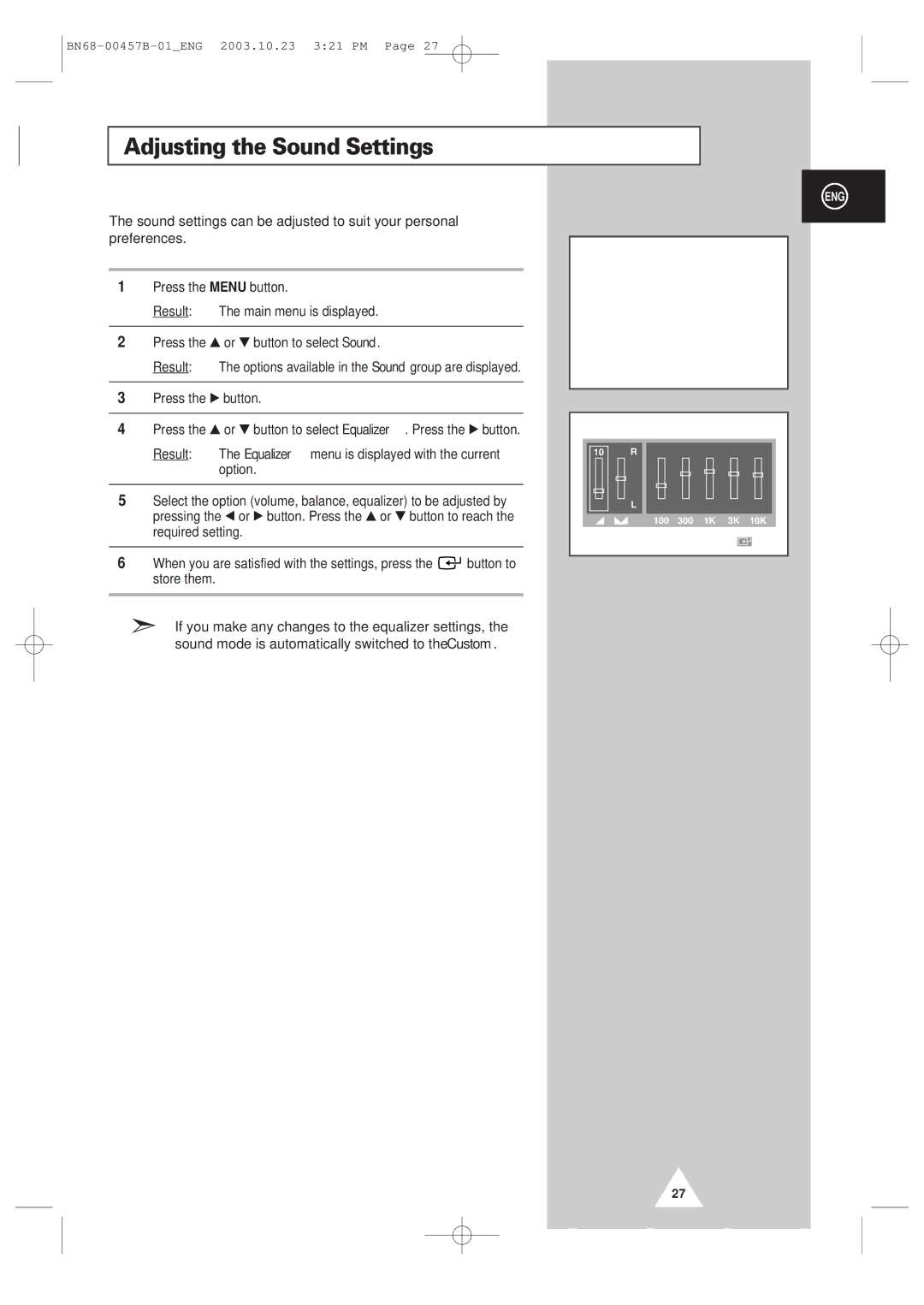 Samsung PPM 42S3 manual Adjusting the Sound Settings 