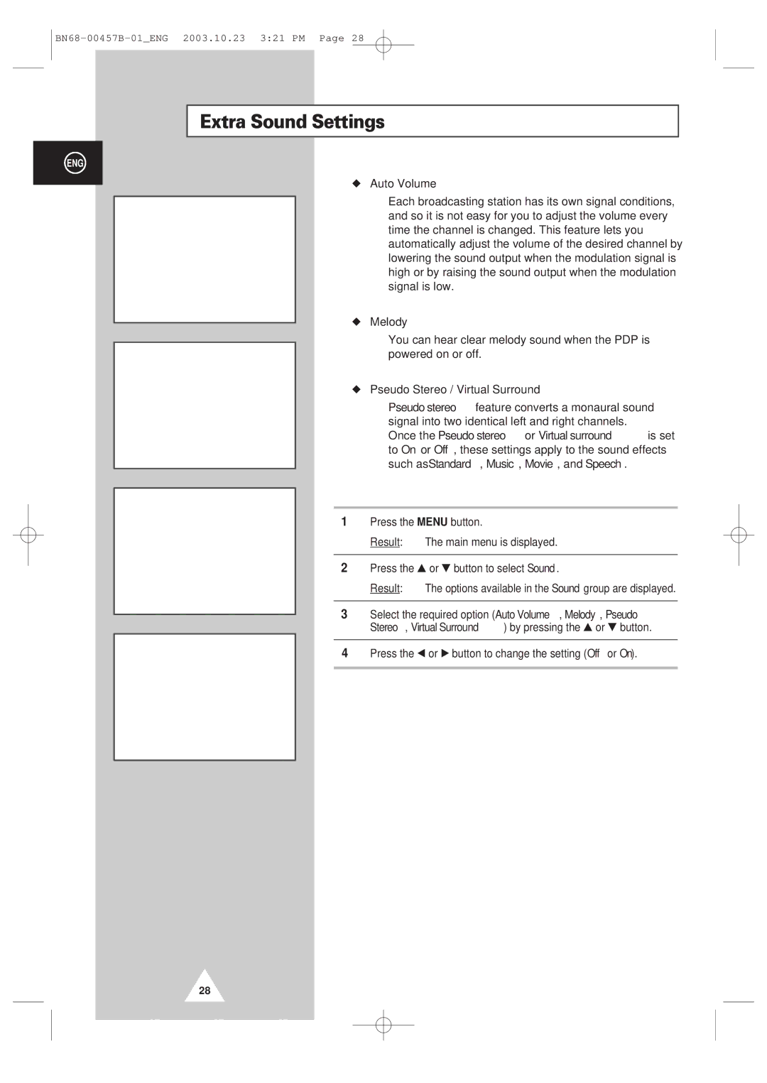 Samsung PPM 42S3 manual Extra Sound Settings, Auto Volume, Melody, Pseudo Stereo / Virtual Surround 