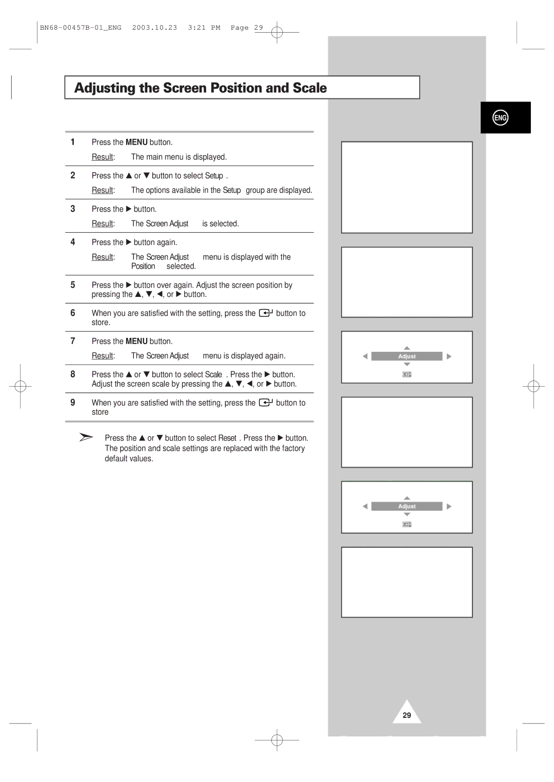 Samsung PPM 42S3 manual Adjusting the Screen Position and Scale 