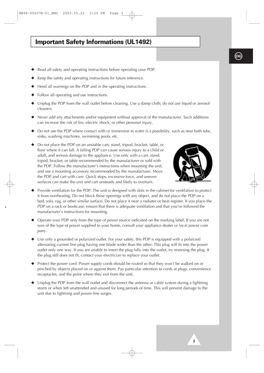 Samsung PPM 42S3 manual Important Safety Informations UL1492 