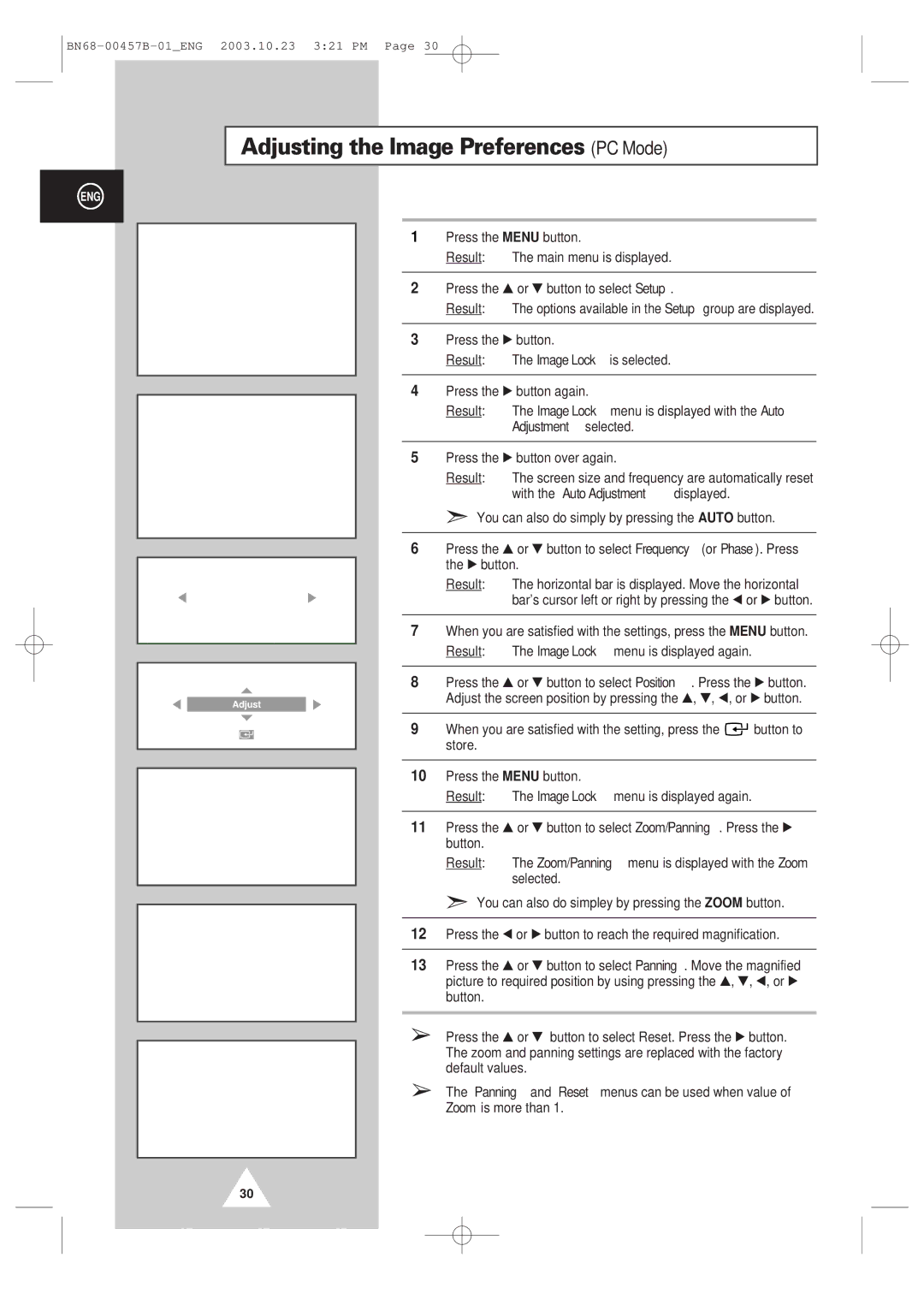 Samsung PPM 42S3 manual Adjusting the Image Preferences PC Mode 