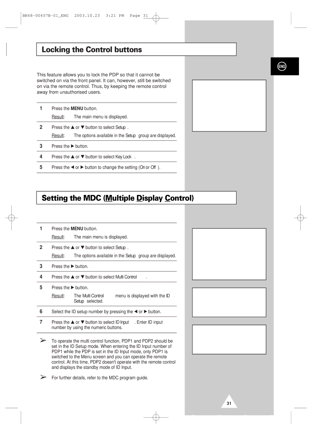 Samsung PPM 42S3 manual Locking the Control buttons, Setting the MDC Multiple Display Control 